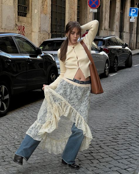 dancing on Lisbon’s streets 💃🏼 - outfit ideas, skirt over the pants, spring outfit ideas, Pinterest aesthetic, dark aesthetic Lace Pants Outfit, Outfit Ideas Skirt, Skirt Over Pants, Spring Outfit Ideas, Lace Pants, Yellow Skirt, Quirky Fashion, Pinterest Aesthetic, Brown Bag