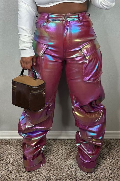 Plus Size Daily Pant Magenta Metallic Straight Leg Cargo Pant With Pocket [Pre-Order] Metallic Cargo Pants Outfit, Cargo Pants Outfit Dressy, Usher Outfits, Sakura Clothes, Metallic Pants Outfit, Rainbow Dresses, Purple Sequin Dress, Winter Tips, Plus Size Baddie Outfits