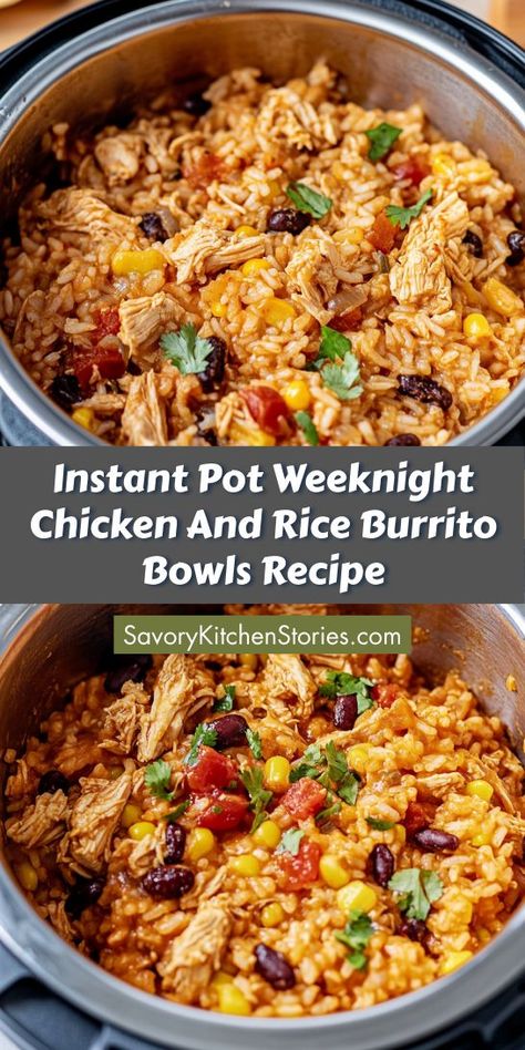 Whip up a delicious Instant Pot Weeknight Chicken and Rice Burrito Bowl in just minutes! This easy recipe combines tender chicken, fluffy rice, and vibrant toppings for a satisfying meal. Perfect for busy nights, this dish is a go-to for your collection of Instapot Recipes! Chicken And Rice Burrito, Instant Pot Chicken And Rice, Rice Burrito, Rice Black Beans, Weeknight Chicken, Burrito Bowls Recipe, Black Beans Corn, Chicken Burrito Bowl, Burritos Recipe