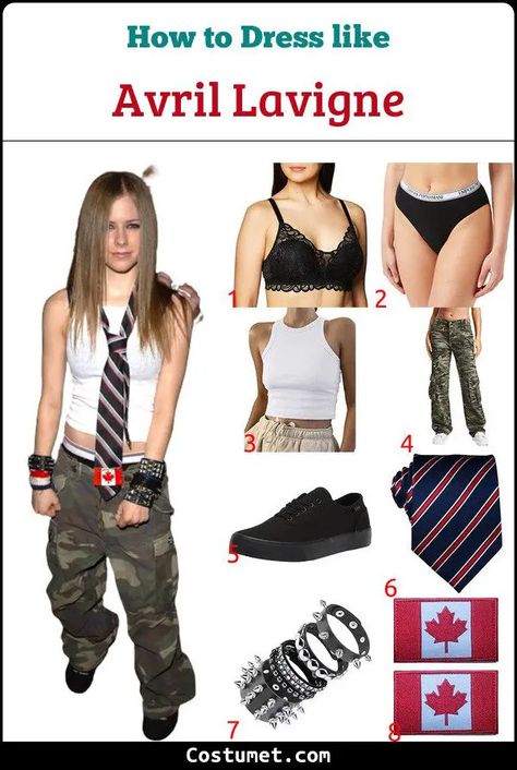 Avril Lavigne Costume for Cosplay & Halloween 2023 Avril Halloween Costume, Halloween Costumes Avril Lavigne, Rockstar Looks Women, Young Avril Lavigne, 2000s Avril Lavigne Outfits, Costume Ideas Blonde Women, 90s Fit Ideas, Avril Lavigne Fashion, Avril Lavigne 2000