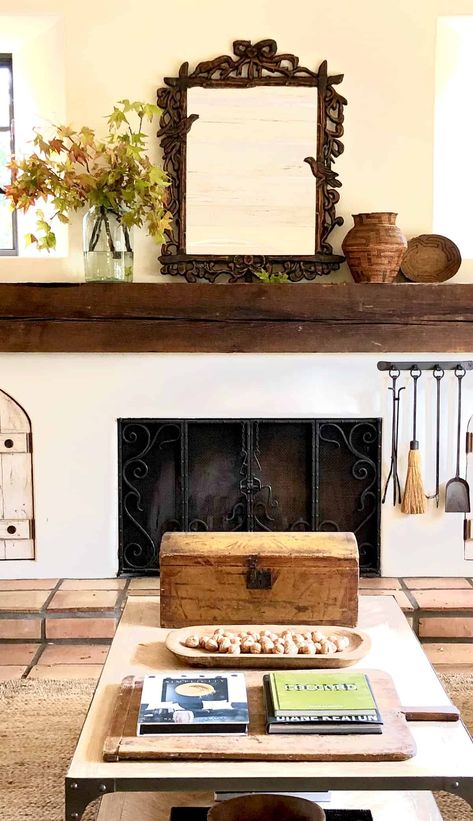 fall mantle four ways Decorate With Mirrors, Spanish Colonial Decor, Antique Corner Cabinet, Mantle Styling, Cindy Hattersley, Spring Mantle, Mirror Decor Ideas, Native American Baskets, Fall Mantle