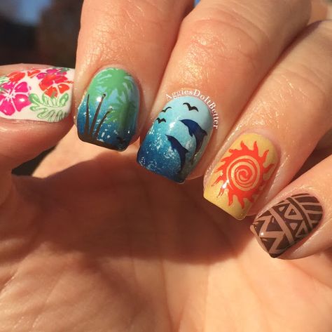 Aggies Do It Better: Disney's Moana inspired nail art with stamping! Disney Themed Nails, Hawaii Nails, Disney Nail Designs, Disney Inspired Nails, Nail Art Disney, Do It Better, Super Nails, Disney Nails, Disney Moana