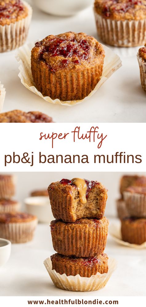 super fluffy peanut butter and jelly (pb&j) banana muffins (healthy) Pb And J Muffins, Peanut Butter And Jam Muffins, Pb&j Muffins, Peanut Butter Jelly Muffins, Pb And J Recipes, Healthy Peanut Butter Muffins, Gluten Free On The Go, Gluten Free Peanut Butter Banana Muffins, Daycare Recipes