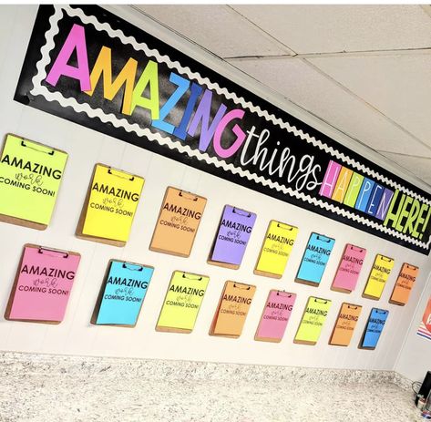 3rd Grade Hallway Display, Above Board Decor Classroom, Classroom Standards Display, Third Grade Bulletin Board Ideas, Calendar Bulletin Board Ideas, Amazing Things Happen Here Bulletin, 4th Grade Classroom Setup, Groovy Classroom, Teacher Classroom Decorations