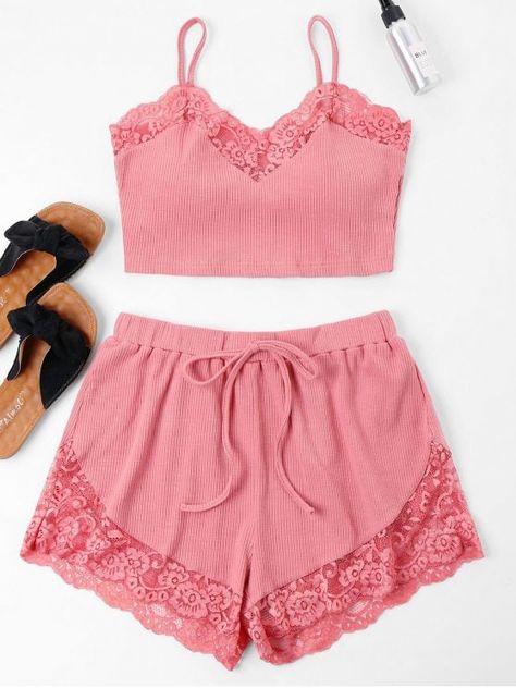 Lingerie Outfit Night, Lace Trim Cami Top, Silk Chemise, Cute Sleepwear, Cute Pajama Sets, Pajama Outfits, Top And Shorts Set, Older Women Fashion, Lace Trim Cami