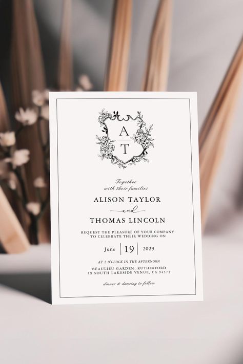 Formal Floral Crest Monogram Wedding Invitation Calligraphy Simple, Black And White Calligraphy, Black Wedding Invitation, Invitation Minimalist, Wedding Announcement Cards, Crest Monogram, Traditional Invitation, Black And White Wedding Invitations, Monogram Wedding Invitations