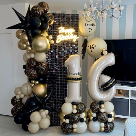 Mini sequin wall with neon sign and balloons with matching number stacks and helium orbz balloons for Frankie’s 16th birthday 🤩 My customer opted for black and gold but asked for my advice to break it up a bit and make it a little different so I added in some nudes and some Nebula Black & Gold printed balloons and I think it turned out amazing!! #balloons #balloondecor #sequinwall #balloondisplay #balloonsetup #blissfulballoonz #bapiaparty #theeventcollectivex #pooleballoons #pooleballoons... 16th Birthday Decoration Ideas, 40 Fest, Wall With Neon Sign, Balloon Hacks, 60 Balloons, Balloon Displays, 16th Birthday Decorations, Sequin Wall, 16 Balloons