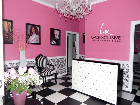 Pink And Black Walls, Home Hair Salons, Spa Branding, Provincial Furniture, French Provincial Furniture, Gold Rooms, Lash Salon, Black Bridal, Salon Interior Design