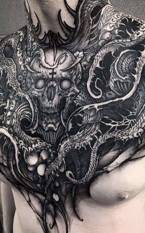 Incredible, huge, blackwork, tentakle, snake, skull, dark art front/chest tattoo, by our good friend @yao_atf Occult Chest Tattoo, Scary Chest Tattoo, Goth Chest Tattoo Men, Demon Chest Tattoo, Demon Back Tattoo, Gothic Chest Tattoo, Skull Chest Tattoo, Demonic Tattoos, Gotik Tattoo