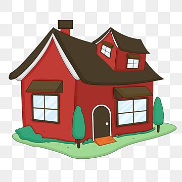 Brown Roof Houses, Pale Yellow Walls, Home Clipart, Brick Fireplace Wall, Brown Roofs, Green Roof House, Cartoon Tree, Family Clipart, Red Brick Wall