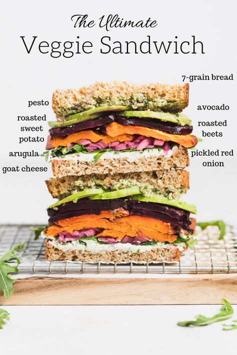 The Ultimate Veggie Sandwich - Danilicious Sweet Potato Pesto, Beet Sandwich, Pesto Goat Cheese, Vegetable Sandwich, Pickled Red Onion, Healthy Sandwich, Veg Sandwich, Roasted Root Veggies, Vegetarian Sandwich