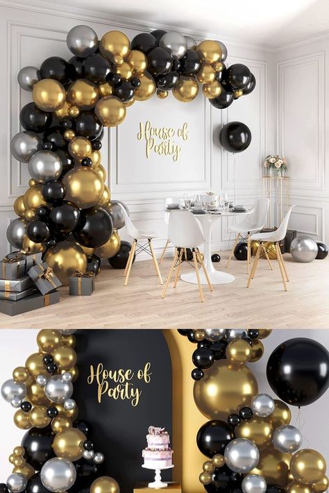 HOUSE OF PARTY Black, Gold and Silver Balloon Garland Kit 158 Pcs Black Grey Gold Party Decor, Black Gold Silver Party Decorations, Black And Gold Party Decorations, Black And Gold Balloons, Decoration Balloon, Black Confetti, Grad Party Decorations, Gold Party Decorations, Gold Confetti Balloons