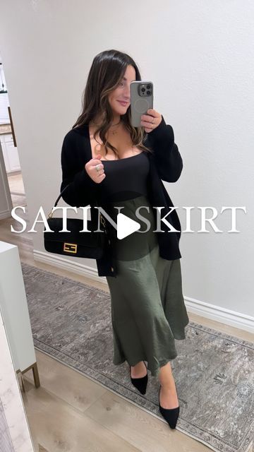 Megan (Mimi) Williams - Petite Fashion on Instagram: "Satin skirt styled multiple ways!! This is a perfect holiday outfit for home, a work dinner, happy hour with your girlfriends, or literally any occasion!!   Comment Dec4 and i’ll message you the link to this skirt and others!!   #petitefashion #petitefashionblogger #petite #satinskirt #holidaylove #holidaylook #holidayoutfits #holidayseason #christmasoutfit #shorties #shortiesunite" Olive Green Satin Skirt Outfit, Olive Satin Skirt Outfit, Pleated Skirt Outfit Plus Size, Green Satin Skirt Outfit, Outfit For Home, Skirt Outfit Plus Size, Green Satin Skirt, Long Green Skirt, Satin Outfit