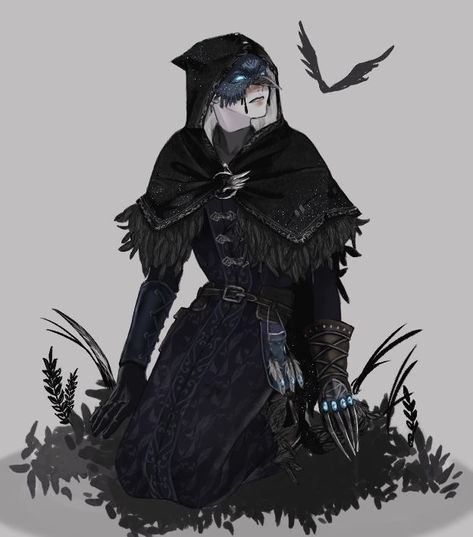 Shadar Kai Art, Shadar Kai Cleric, Necromancer Aesthetic Outfit, Necromancer Outfit, Shadar Kai, Dnd Cleric, Raven Mask, Raven Queen, Character Creation