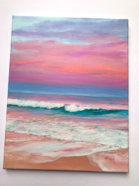 Pink sunsets over the ocean. Original painting. Acrylic on canvas Pink Painting Acrylic, Blue And Pink Painting Ideas, Pink Beach Painting, Pink Sunset Painting Acrylic, Sunset Over Water Painting, Sunrise Painting Acrylic, Painting Ideas Ocean, Sunset Sea Painting, Pink Sunset Painting