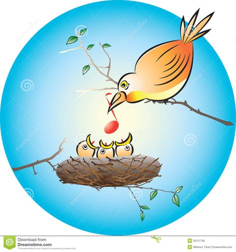 Vector illustration of a bird feeding her hungry chicks with a musical symbol. Description from dreamstime.com. I searched for this on bing.com/images Bird Sketches, Baby Sketch, Bird Sketch, Bird Feeding, Cartoon Birds, Baby Drawing, My Photo Gallery, Baby Feeding, Bird Feeders