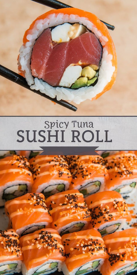 Spicy Tuna Sushi Rolls: a fresh and flavorful homemade sushi recipe featuring tender tuna, spicy mayo, and perfectly rolled rice. Easy and fun to make! Spicy Tuna Sushi Recipes, Spicy Salmon Recipes Sushi, Diy Sushi Night, Sushi Ideas Homemade, At Home Sushi Recipes, Shrimp Sushi Recipes, Homemade Sushi Rolls Recipes, Spicy Mayo Recipe Sushi, Tuna Sushi Recipes