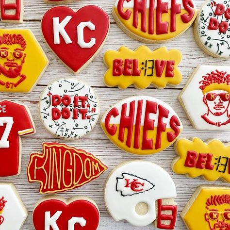 Kc Chiefs Dessert Ideas, Kc Chiefs Sugar Cookies, Chiefs Football Birthday Party, Kc Chiefs Charcuterie Board, Kc Chiefs Cookies Decorated, Kansas City Chiefs Cookies Decorated, Kansas City Chiefs Sugar Cookies, Kc Chiefs Superbowl Party, Chiefs Birthday Party Ideas