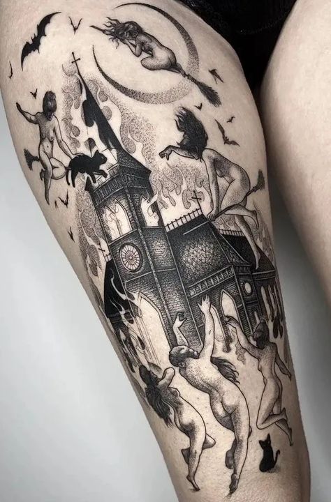 80 Witch Tattoo Ideas That Will Magic Their Way Into Your Heart Witches Dancing Around Fire, Dancing Around Fire, Traditional Tattoo Woman Face, Witch Tattoo Ideas, Witches Dancing, Dancing Tattoo, Traditional Tattoo Woman, Upper Thigh Tattoos, Witches Dance