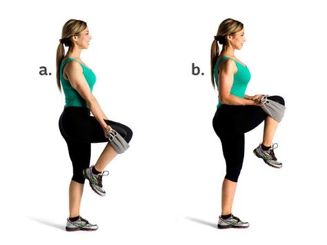 Biceps Curl - Stand or lean with your back against a wall. Grasp the ends of a medium towel with hands palms up. Raise your left knee and wrap the towel just below the knee (a). While pushing downward with your left knee, curl your arms up toward your chest while keeping elbows pinned at your sides (b). Hold for a second or two and then slowly extend your arms, applying moderate resistance with your knee the entire time. Do 10 to 12 reps with each leg for one set; perform 2 sets. Bridge Workout, Inner Thigh Workout, Resistance Band Workout, Towel Workout, Glute Bridge, Resistance Band Exercises, Bicep Curls, Thigh Exercises, Fitness Experts