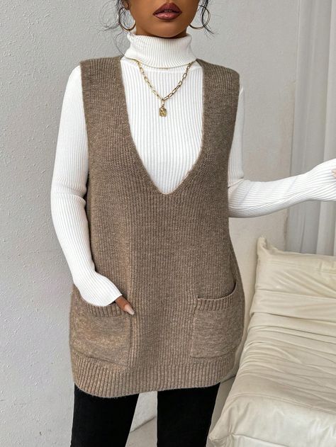 SHEIN Frenchy Women's Deep V-Neck Pocketed Solid Color Simple Comfortable Sweater Vest For Daily Casual WearI discovered amazing products on SHEIN.com, come check them out! Sweater Vest Dress, Long Knit Vest, Casual Knitwear, Sweater Vests, Áo Len Cardigan, Long Knit Cardigan, Gilet Long, Pullover Outfit, Casual Wear Women