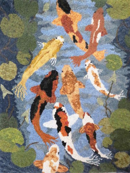 Tufting Image, Fish Rug, Koi Fish Art, Rug Hooking Designs, Fiber Wall Art, Hook Rug, Rug Wall Hanging, Rug Hooking Patterns, Latch Hook Rugs