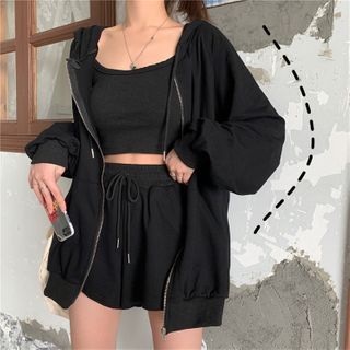 Astarte - Set: Zip-Up Hoodie + Wide-Leg Shorts + Cropped Camisole Outfit Bts, Shorts Plus Size, Korean Girl Fashion, Crop Top And Shorts, Summer Sports, Kpop Fashion Outfits, Zipper Jacket, Drawstring Shorts, Casual Style Outfits