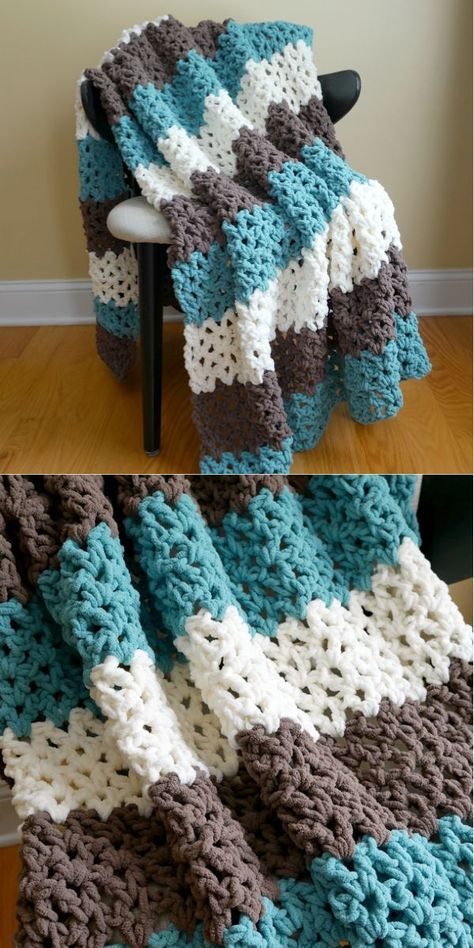 This super chunky crochet throw in the pictures below is not only super comfy and perfect to snuggle under it after a long day, but it’s also breathable and lacy, not no mention these gorgeous soothing tones, that are great for fall. Work one or more up, to drape them across your sofa, chair, or just give one to your friend! #crochetblanket #freecrochetpattern #crochetpattern #bernatblanketyarn #bernatblanket #blanketyarn Crochet Blanket Patterns Bernat, Crochet Blanket Bernat, Afgan Patterns, Bernat Blanket Yarn Patterns, Blanket Yarn Patterns, Bernat Blanket Patterns, Crochet Blanket Yarn, Chunky Blanket Pattern, Bulky Yarn Crochet