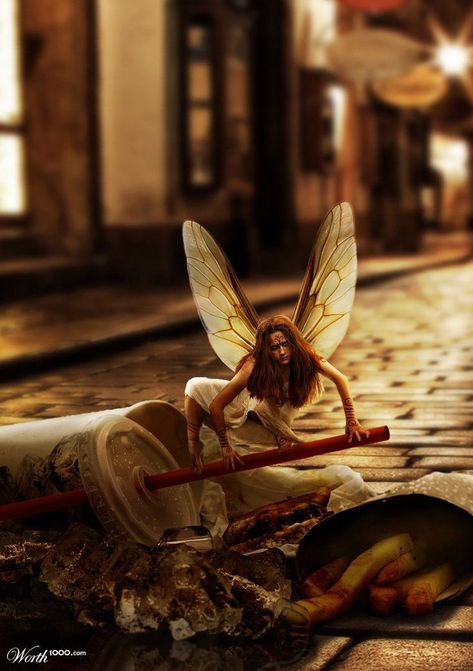 Pictured is the remains of a fast food meal. Perched on the straw of an abandoned drink is a fairy. She is white with red hair, wearing a white shift dress. Her wings are translucent. Urban Fantasy Inspiration, Urban Fantasy Art, Fairy Pictures, Fantasy Story, Modern Fantasy, Fantasy Aesthetic, Urban Fantasy, Fantasy Rpg, Fairy Art