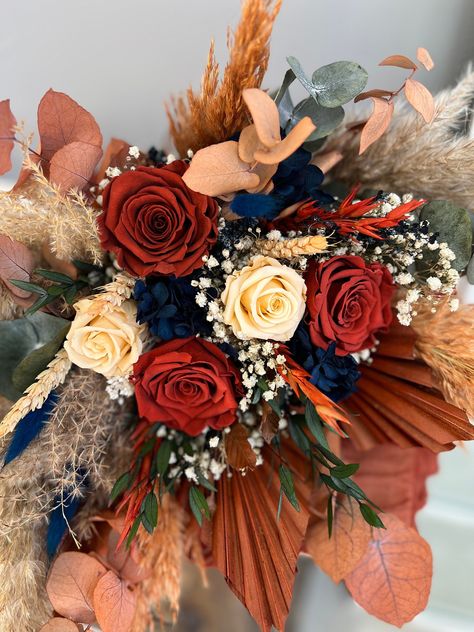 “Sapphire Fire” – Lunaria Flowers Fire Bouquet, Navy Blue Bouquet, Brides Flowers Bouquet, Rust Wedding, Native American Wedding, Boho Wedding Bouquet, Blush Bouquet, Wedding List, Preserved Roses