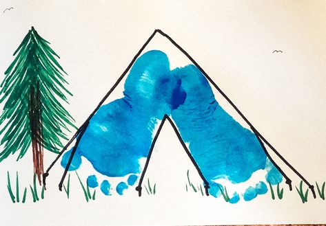 Camping Footprint Art, Camping Infant Activities, Camping Crafts For Infants, Camping Art Projects For Toddlers, Preschool Tent Craft, Tent Art Preschool, Camping Art For Toddlers Tent, Preschool Classroom Themes, Mountain Crafts