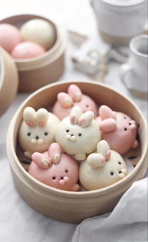 Steamed Buns, Chinese Zodiac, Chubby Rabbits, Red Bean Paste, Red Beans Flour Buns, Velvet Red Beet Powder - @meiyeeig, instagram Rabbit Steamed Buns, Cute Steamed Buns, Cook Beans, Steam Buns, Mochi Recipe, Dessert Original, Red Bean Paste, Kawaii Cooking, Fun Lunch