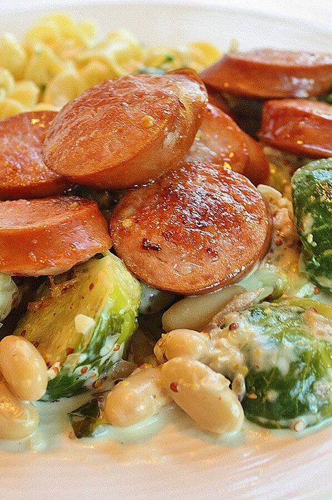 Mustard Cream Sauce, Bean Dishes, Creamy Mustard Sauce, Kielbasa Sausage, Cream Sauce Recipes, Sprout Recipes, Brussels Sprouts Recipe, Kielbasa, All I Ever Wanted