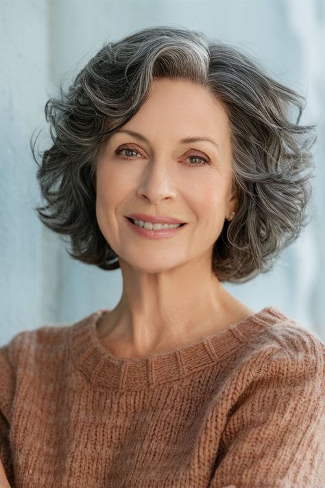 This shoulder-length wavy bob in silver is a flattering option for women embracing their natural grey hair. The soft waves add volume and movement, creating a chic and youthful appearance for any occasion. Medium Length Bobs, Haircuts For Women Over 50, Layered Bobs, Trendy Haircuts For Women, Wavy Bob, Natural Gray Hair, Bob Hairstyles For Fine Hair, Wavy Bobs, Haircut For Older Women