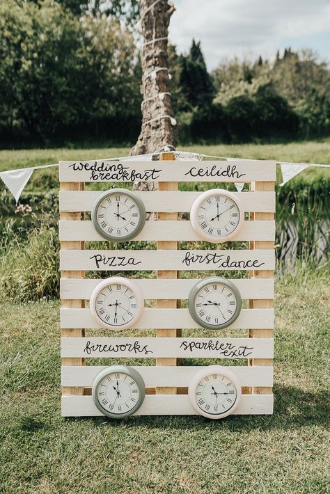 Order Of The Day Wedding Clocks, Vintage Wedding Vibes, Quirky Wedding Ideas, Wedding Sign Diy, Homemade Wedding Decorations, Carpenter Photography, Order Of The Day Wedding, Pastel Bridesmaid Dresses, Rustic Farm Wedding