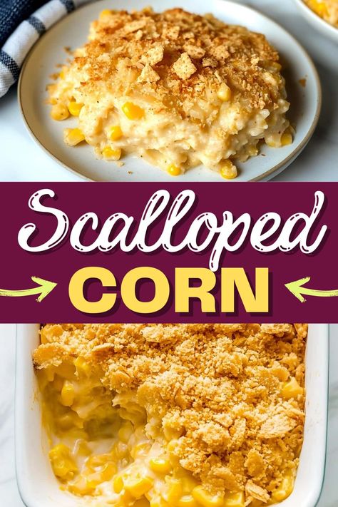 Scalloped corn casserole is a must-make for comfort food enthusiasts. From the creamy corn to the buttery crushed crackers, it's pretty darn delish. Hot Corn Side Dish Recipes, Hot Corn Recipes Side Dishes, Sweet Cream Corn Casserole, Corn Casserole With Ritz Cracker Topping, Swiss Corn Casserole, Corn Au Gratin Casserole, Cracked Corn Casserole, Scalloped Corn Recipes Jiffy, Cream Style Corn Recipe From Can