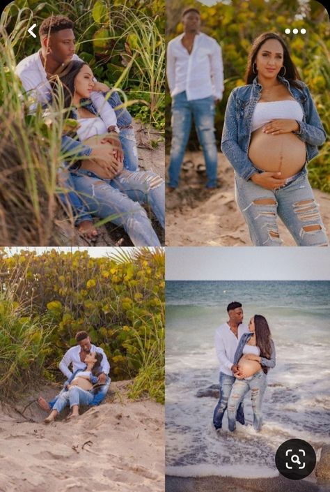 Interracial Couple Maternity Pictures, Maternity Session On The Beach, Plus Size Beach Maternity Photos, Casual Beach Maternity Shoot, Interracial Maternity Pictures, Beach Maternity Photos Couples Jeans, Relaxed Maternity Shoot, Maternity Photo Shoot Ideas Beach, Beach Pregnancy Pictures