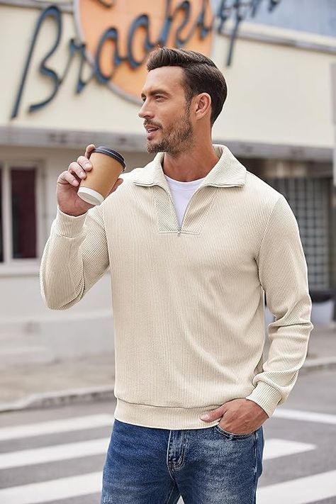 COOFANDY Men's Quarter Zip Up Pullover Slim Fit Mock Neck Long Sleeve Sweaters Casual Corduroy Polo Sweatshirt #menswear #mensfashion #fashion #menstyle #style #mensstyle #ootd #streetstyle #streetwear #men #falloutfit Polo Zip Up Sweater Outfit, White Quarter Zip Outfit, Quarter Zip Outfit Men, Long Sleeve Sweater Outfit, Quarter Zip Outfit, Sweatshirt Outfit Men, Quarter Zip Men, Mens Aesthetic, Zip Up Pullover