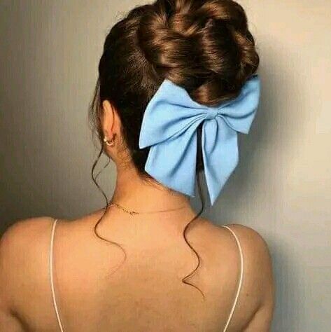 Blue Bow Hairstyle, Updo With Bow, Bun With Bow, Hair Bow Bun, Bow Bun, Bow Hairstyle, Hair 2024, Halloween Hair, Blue Bow