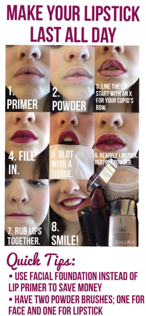 Make your lipstick last all day long! #makeup #lipstick Red Lipstick Application Tips, How To Make Your Lipstick Last All Day, How To Make Lipstick Last, Long Lasting Lipstick Tips, Easy Lipstick Tutorial, How To Keep Lipstick On All Day, How To Make Lipstick Last All Day, Lipstick Hacks Beauty Tricks, Black Lipstick Tutorial