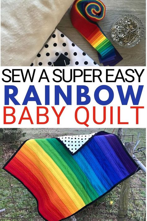 Are you ready to make your first quilt? A baby quilt is the perfect size for learning, and this one couldn’t be easier. Follow the step-by-step photo instructions using pre-cut materials to make the easiest (and cutest) rainbow baby quilt. #quilt Easy First Quilt, Rainbow Quilts Ideas Free Pattern, Basic Quilt Patterns For Beginners, Free Baby Quilt Patterns Easy, River Quilt, Beginner Sewing Projects, Neat Crafts, Rainbow Quilts, Sewing Quilts