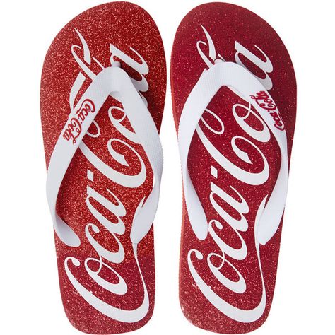 Coca Cola™ Flip Flops ($6.99) ❤ liked on Polyvore featuring shoes, sandals, flip flops, flats, red, glitter flat shoes, shiny red flats, flat shoes, rubber sandals and rubber flip flops Coca Cola Gifts, Coca Cola Merchandise, Cocoa Cola, Red Shoes Flats, Coke Collectibles, Coca Cola Decor, Cherry Coke Can, Always Coca Cola, Coca Cola Ad