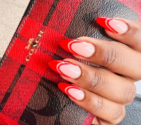 Thick Red French Tip, Red Double French Nails, Double French Red Nails, Red Base Black French Tip, Red Thick French Tip Nails, Christmas Inspo Nails, Red French Tip With Black Line, French Christmas Nails, Christmas Nails Black