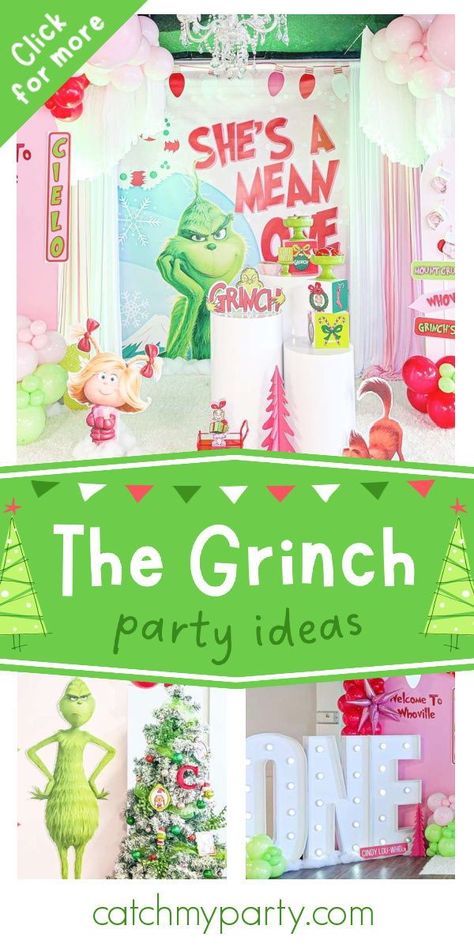 First Birthday Party Christmas Theme, Grinch Bday Party Ideas, Grinch Themed 1st Birthday Party, 2nd Birthday Christmas Theme, Whoville Birthday Party Ideas, Cindy Lou Who Birthday Party, Twoville Birthday Party, Grinch Theme 2nd Birthday, Grinch 2nd Birthday Party