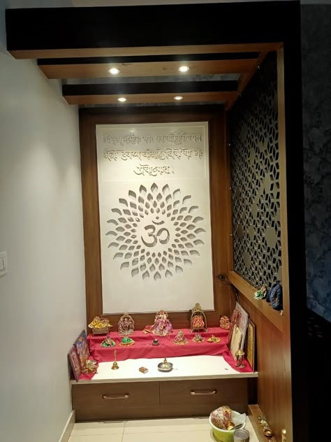 Dev Ghar Design Wooden, Pooja Gadi Ideas, Simple Mandir Design For Home, Slide Partition, Simple Mandir Design, Wooden Temple For Home, Mandir Designs, Pooja Unit, Kitchen Cabinetry Design