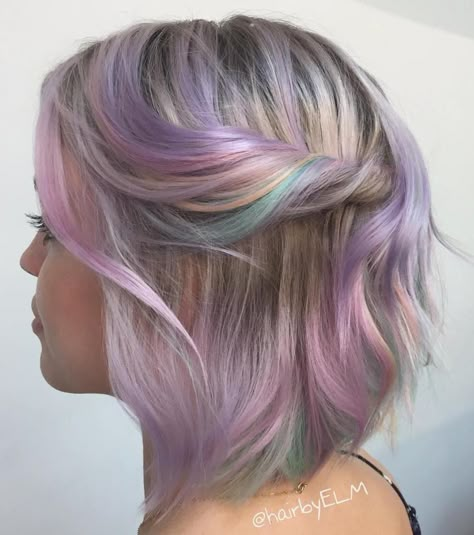 Pastel Rainbow Hair, Holographic Hair, Opal Hair, Mermaid Hair Color, Balayage Bob, Rainbow Hair Color, Fairy Hair, Hair Streaks, Hair Color Pastel