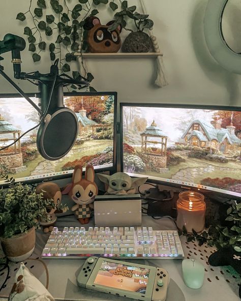 Pretty Computer Desk, Cute Streamer Setup, Pretty Pc Setup, Stream Desk Setup, Aesthetic Gamer Setup, Aesthetic Streamer Setup, Streaming Set Up Ideas, Cozy Streaming Setup, Gaming Set Up Girl