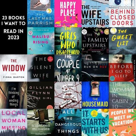 ri | bookstagram on Instagram: "here’s a little list of 23 books i want to read this year! 1. the woman in cabin 10 2. i’m thinking of ending things 3. the people we meet on vacation 4. the widow 5. local woman missing 6. the last mrs. parrish 7. malibu rising 8. the silent wife 9. gone girl 10. nineteen minutes 11. happy place 12. the girls who disappeared 13. the couple at no. 9 14. a good girl’s guide to murder 15. all the dangerous things 16. the wife upstairs 17. the family upstairs Local Woman Missing Book Aesthetic, Books For 13 Year Girl, Local Woman Missing Book, All The Dangerous Things, The Wife Upstairs, The Last Mrs Parrish, The Woman In Cabin 10, The Family Upstairs, Woman In Cabin 10