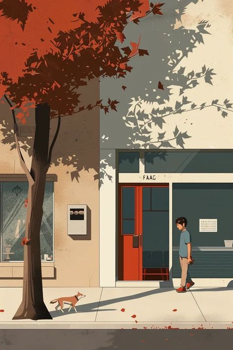 Midjourney AI Image: A minimalistic illustration of on the entrance of a neighborhood coffee shop,in the foreground is a ... → more in ai-img-gen.com Tree Person, Trees With Red Leaves, Illustration Autumn, Minimalistic Illustration, Casting Shadows, Autumn Street, Minimalist Illustration, Red Leaves, Tall Trees