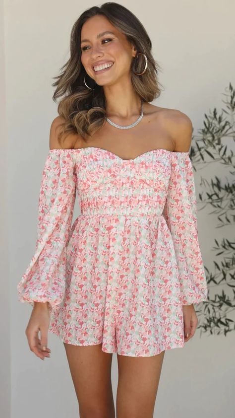 Play All Day, Off Shoulder Romper, Pink Jumpsuit, Puff Long Sleeves, Playsuit, Pink Floral, Stretch Fabric, Jumpsuit Romper, Off Shoulder